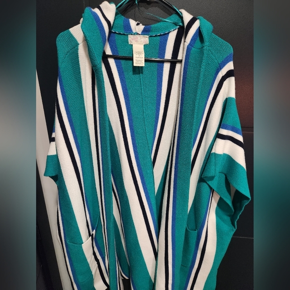 Striped Open-Front Hooded Cardigan in Teal, White & Blue Free People Nwt OSFA - Picture 2 of 3
